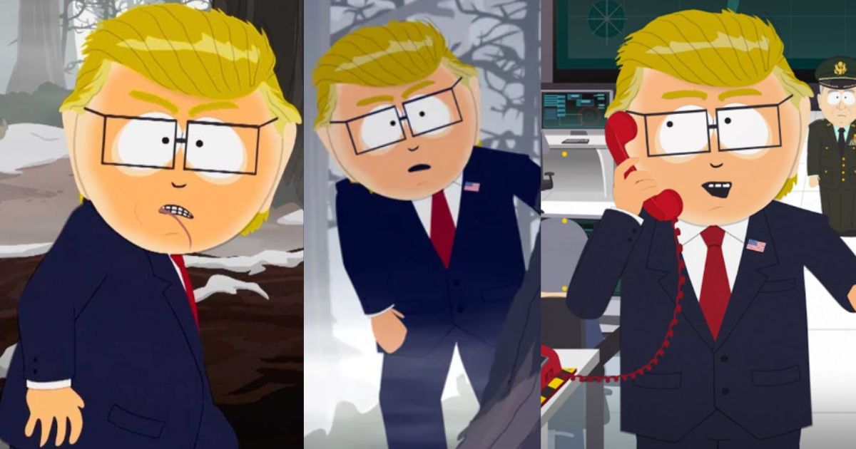 Cartoon scene of South Park characters parodying Donald Trump