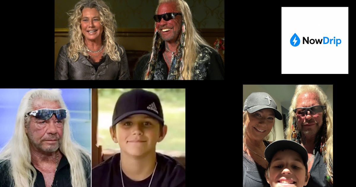 Dog the Bounty Hunter looking somber with blurred police tape in the background