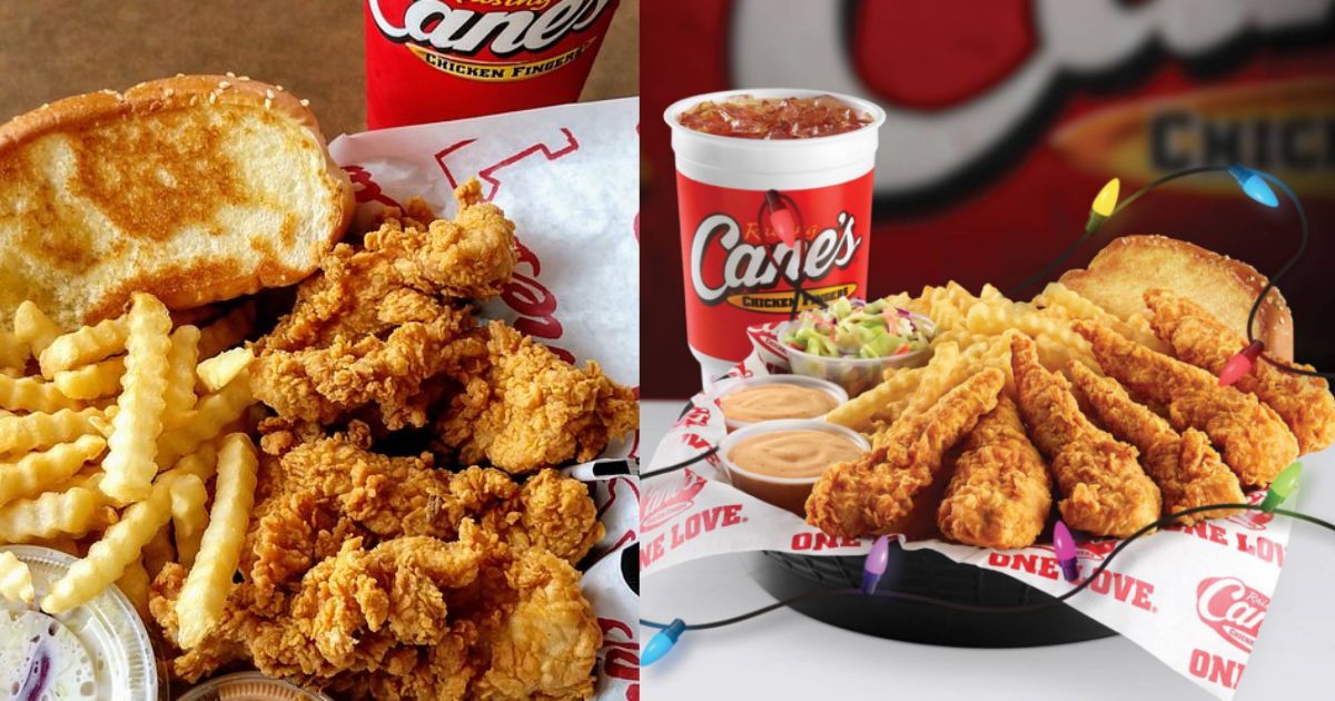 Raising Cane’s restaurant front view with customers lining up