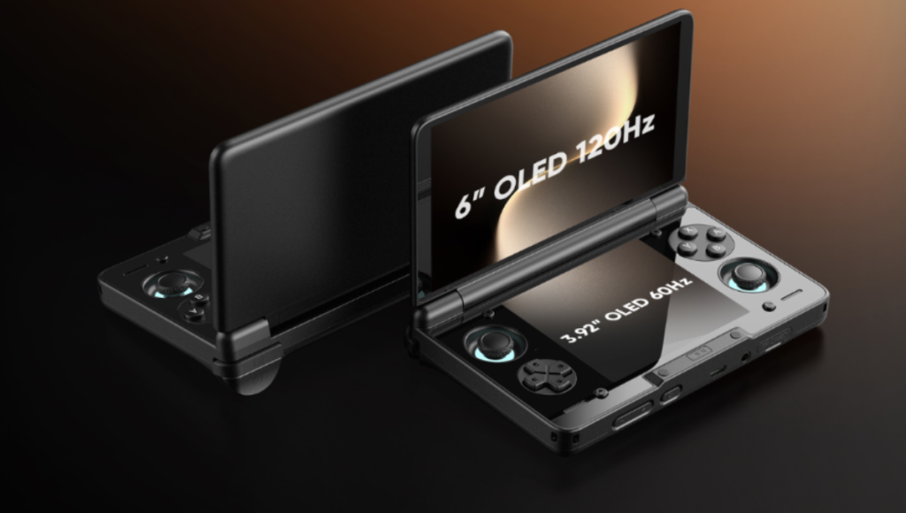 AYN Thor dual-screen handheld in clamshell mode showing top and bottom OLEDs with on-screen controls