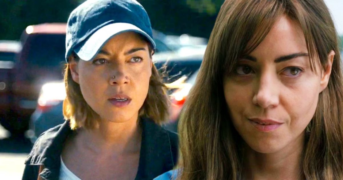 Aubrey Plaza on a podcast set, speaking into a mic with a thoughtful expression