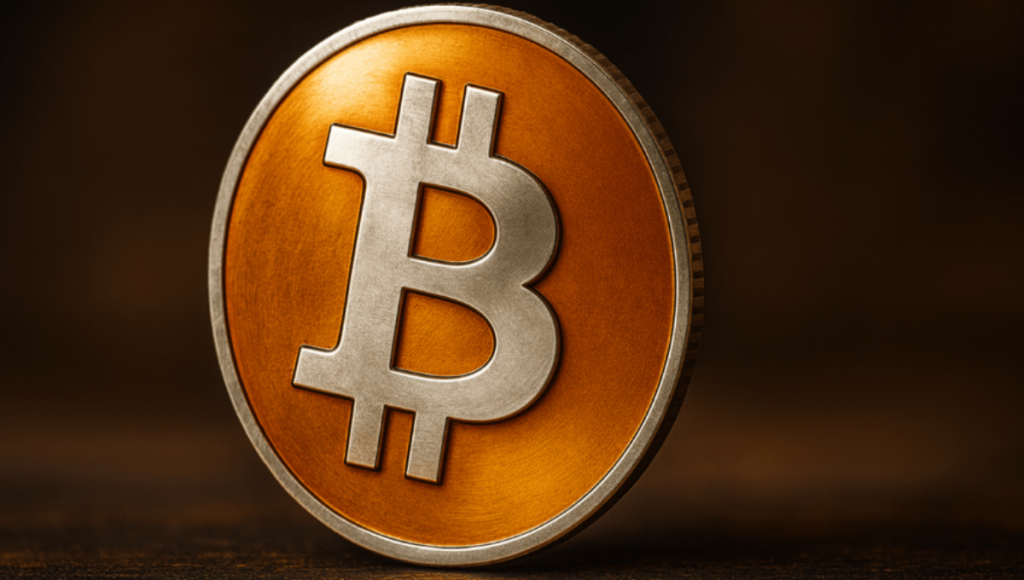 Bitcoin price chart on a laptop with red candlesticks during an intraday drop
