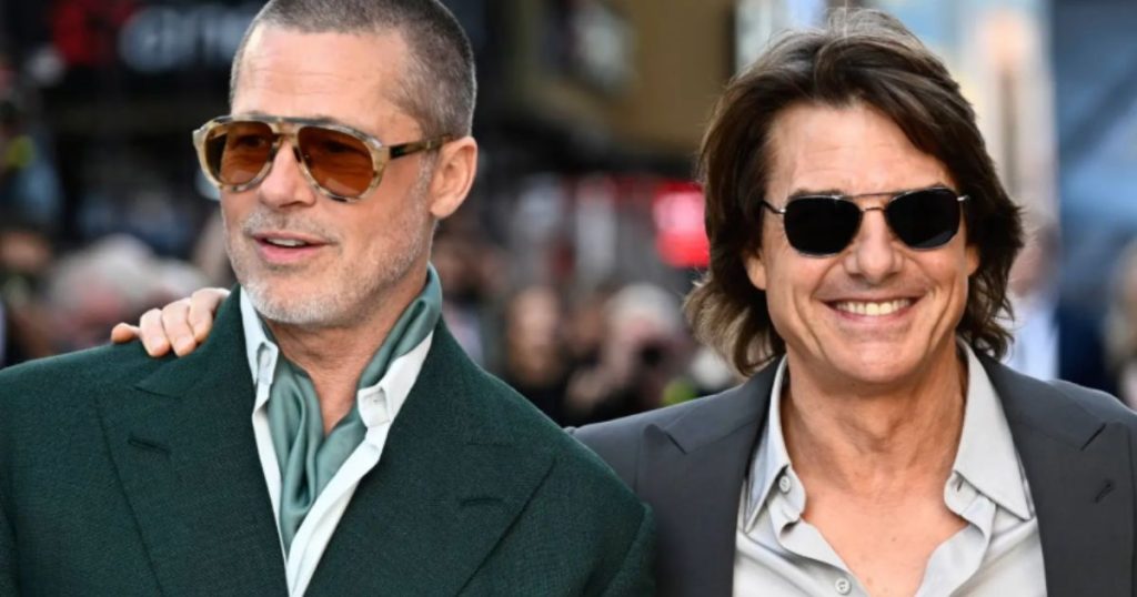 Brad Pitt on the red carpet in 2025, backdrop with his name