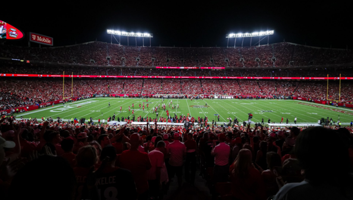 Cincinnati Bearcats football team at Nippert Stadium during a night game, 2025