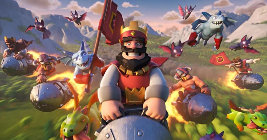 Clash Royale arena with Furnace theme, blazing cauldrons, and card silhouettes