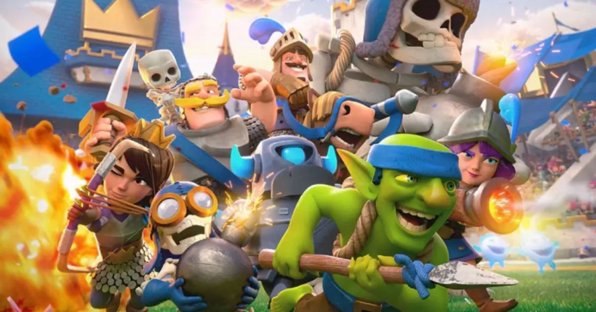 Clash Royale arena with Furnace theme, blazing cauldrons, and card silhouettes