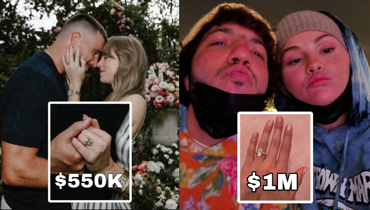 Close-up of Taylor Swift’s vintage-inspired old mine–style diamond engagement ring in yellow gold
