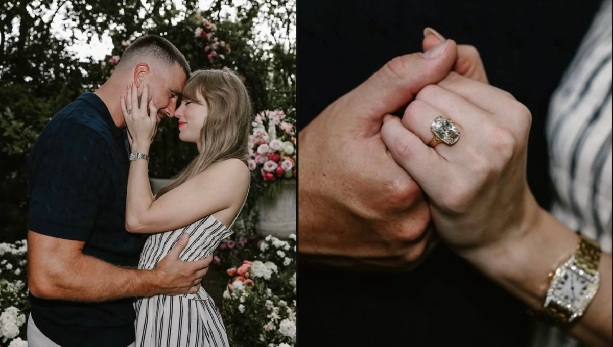 Taylor Swift and Travis Kelce share their engagement announcement in a soft-lit garden selfie on Instagram