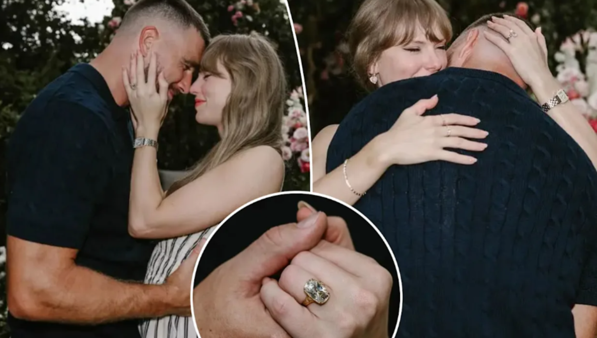 Close-up of Taylor Swift’s vintage-inspired old mine–style diamond engagement ring in yellow gold