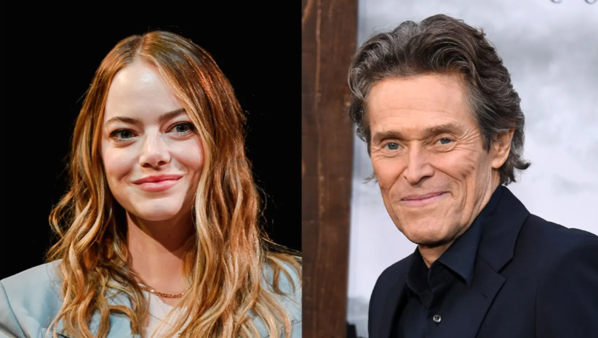 Emma Stone and Willem Dafoe greet on the red carpet at the Venice Bugonia world premiere