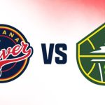 Indiana Fever and Seattle Storm logos face-off with basketball court background