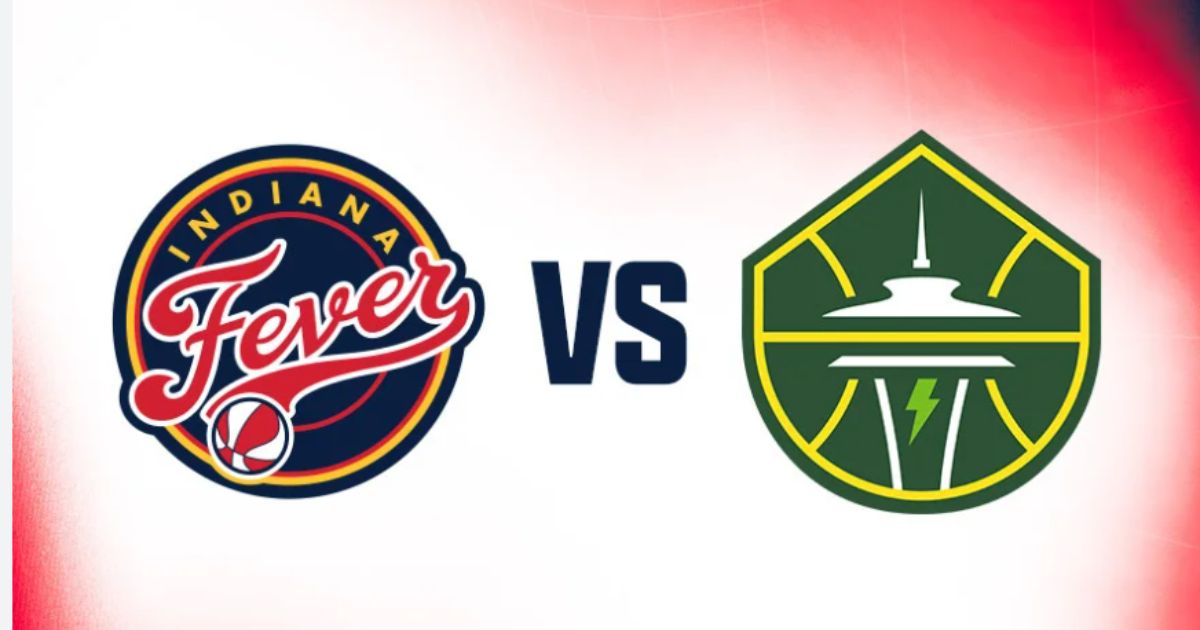 Indiana Fever and Seattle Storm logos face-off with basketball court background