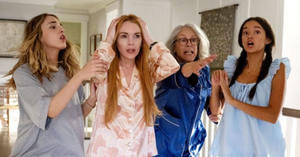 Freakier Friday cast with Jamie Lee Curtis and Lindsay Lohan at premiere 2025