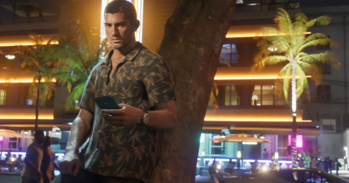 Game controller in hand with a blurred “GTA 6” logo overlay and neon map of Vice City in the background