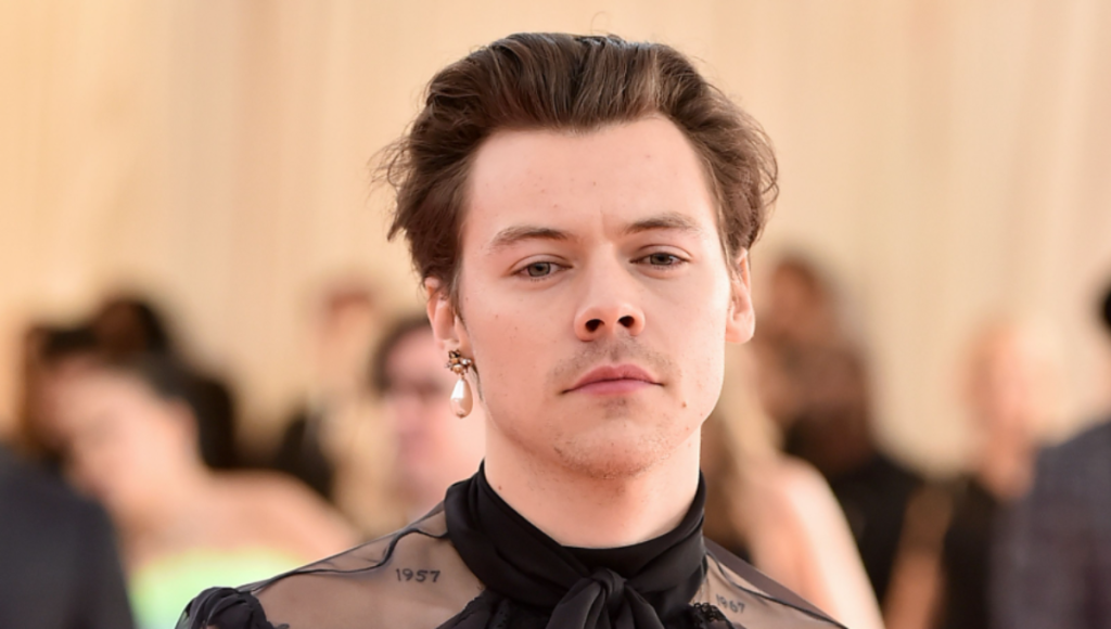 Harry Styles performing on stage in a sequined jumpsuit under warm spotlights