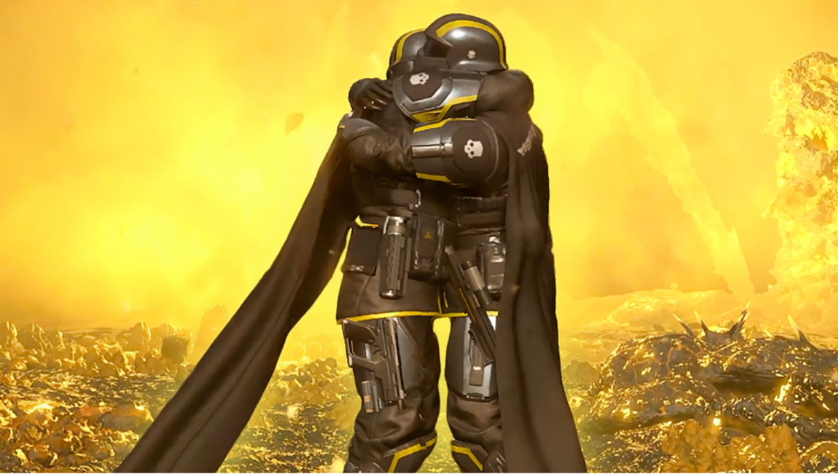 Helldivers 2 squad dropping into a battlefield with explosions in the distance on Xbox Series XS