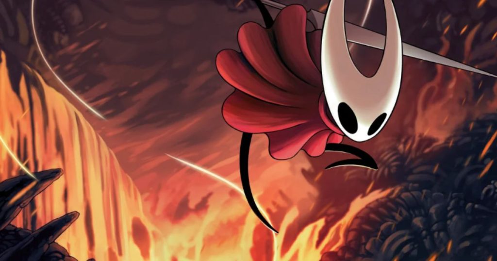 Hollow Knight Silksong key art featuring Hornet poised to strike in the realm of Pharloom