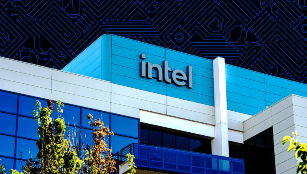 Intel logo over a stock chart line trending upward on a blue grid