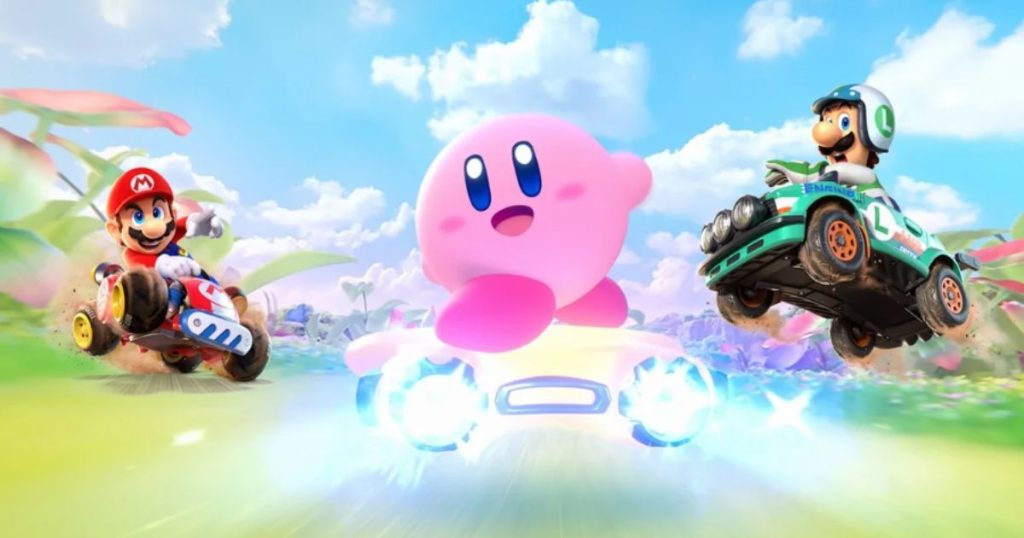 Kirby Air Riders on Nintendo Switch 2 — Kirby gliding on a Warp Star over a neon city track