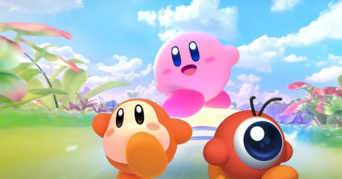 Kirby Air Riders on Nintendo Switch 2 — Kirby gliding on a Warp Star over a neon city track