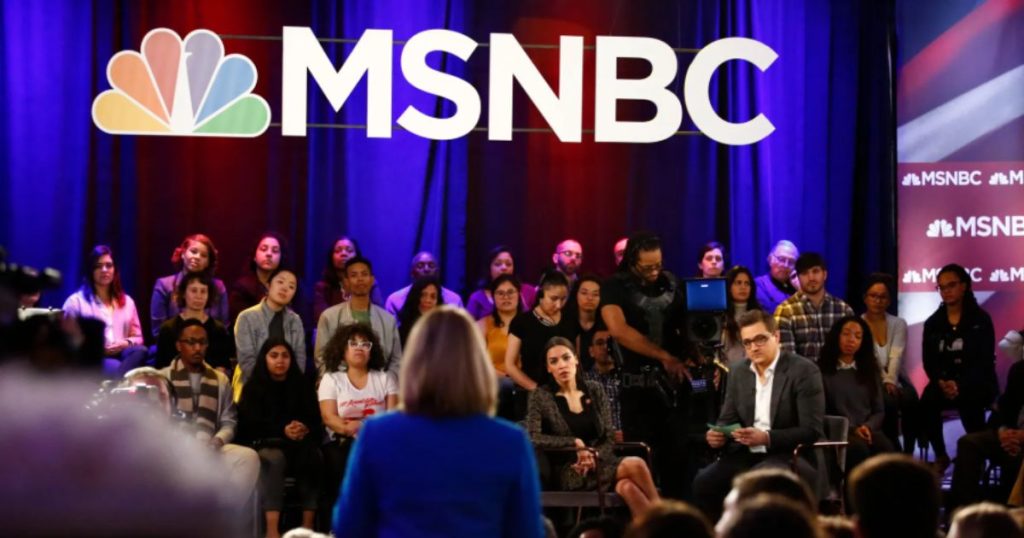 MS NOW rebrand concept — on-air lower third and studio wall with “MS NOW” wordmark replacing the peacock
