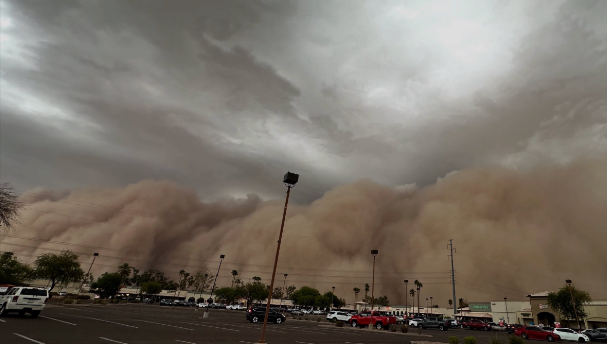 Towering wall of dust rolling over Phoenix Sky Harbor as aircraft and terminals disappear into brown haze