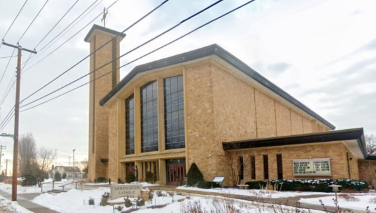Police lights outside Annunciation Catholic Church and School in Minneapolis after a mass shooting