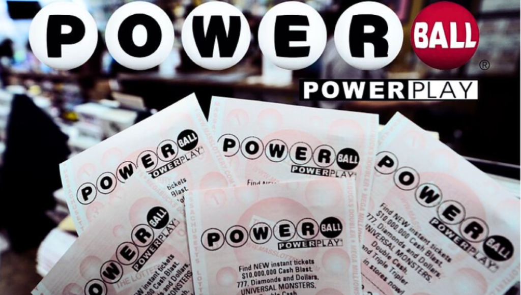 Powerball lottery slips and numbered balls on a studio table