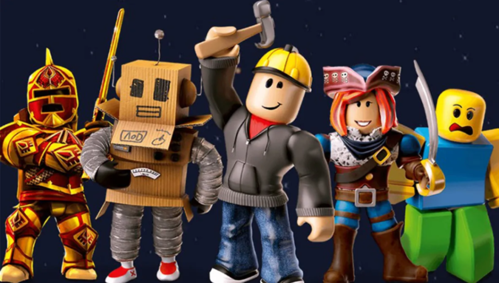 Roblox logo over a collage of user-generated game scenes