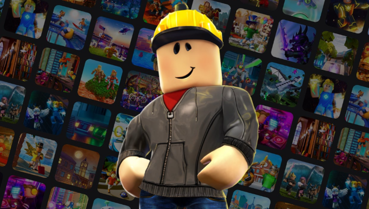 Roblox logo over a collage of user-generated game scenes