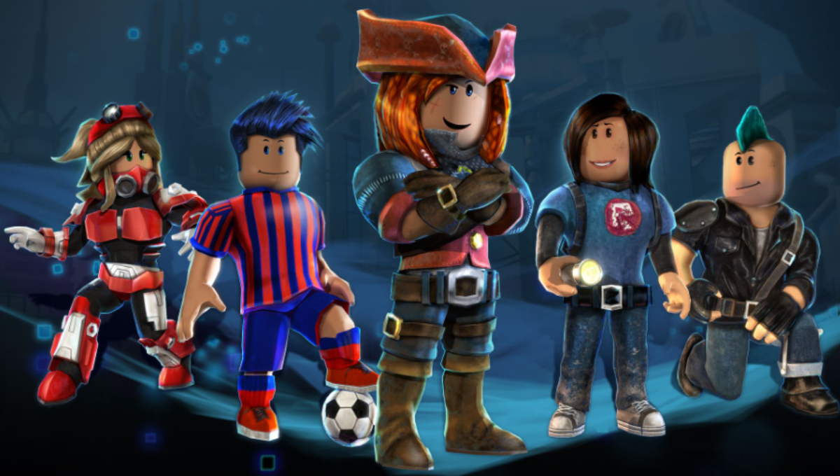 Roblox logo over a collage of user-generated game scenes