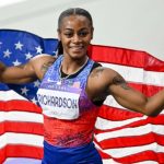 ShaCarri Richardson looking focused at the starting blocks in 2025