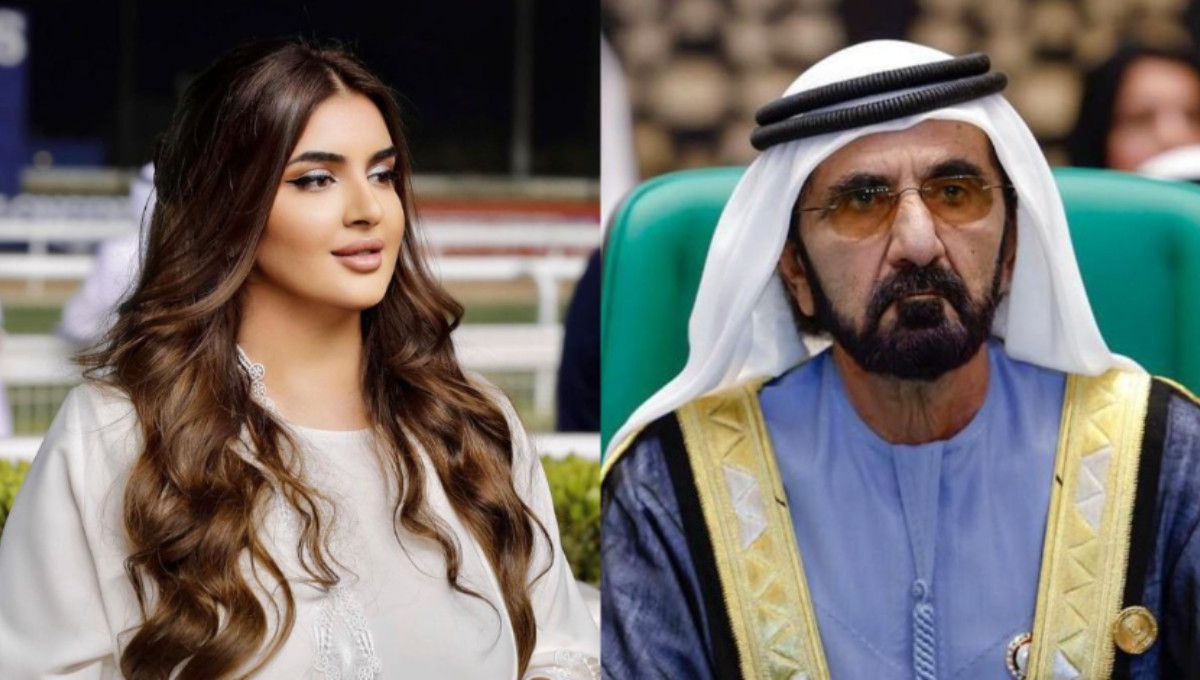 Sheikha Mahra at a fashion event, photographed in a gold-toned dress with a soft spotlight