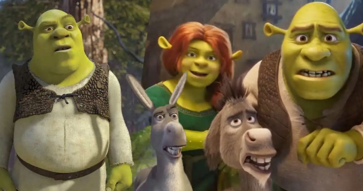 Shrek 5 production concept art featuring Shrek, Donkey, Fiona, and new character Felicia