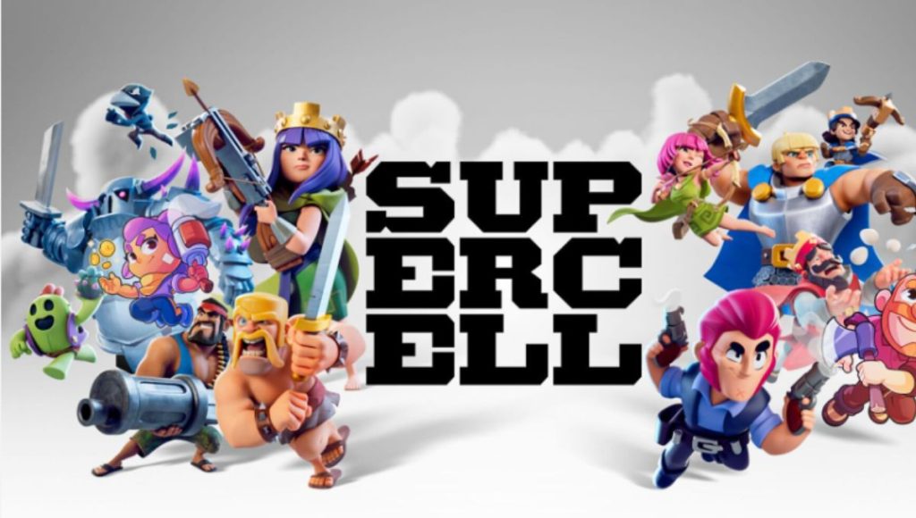 Supercell logo on a dark background with app icons for Clash of Clans, Brawl Stars, Clash Royale, and Squad Busters