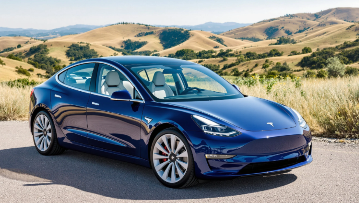 2025 Tesla Model 3 Performance and Long Range parked side by side at sunset