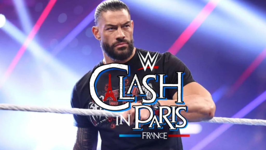 WWE Clash in Paris promo with the Eiffel Tower backdrop and an arena crowd