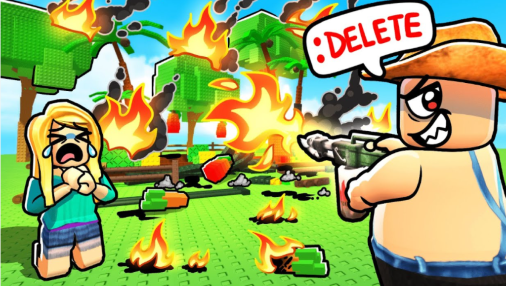 Roblox garden scene with an overlaid warning symbol