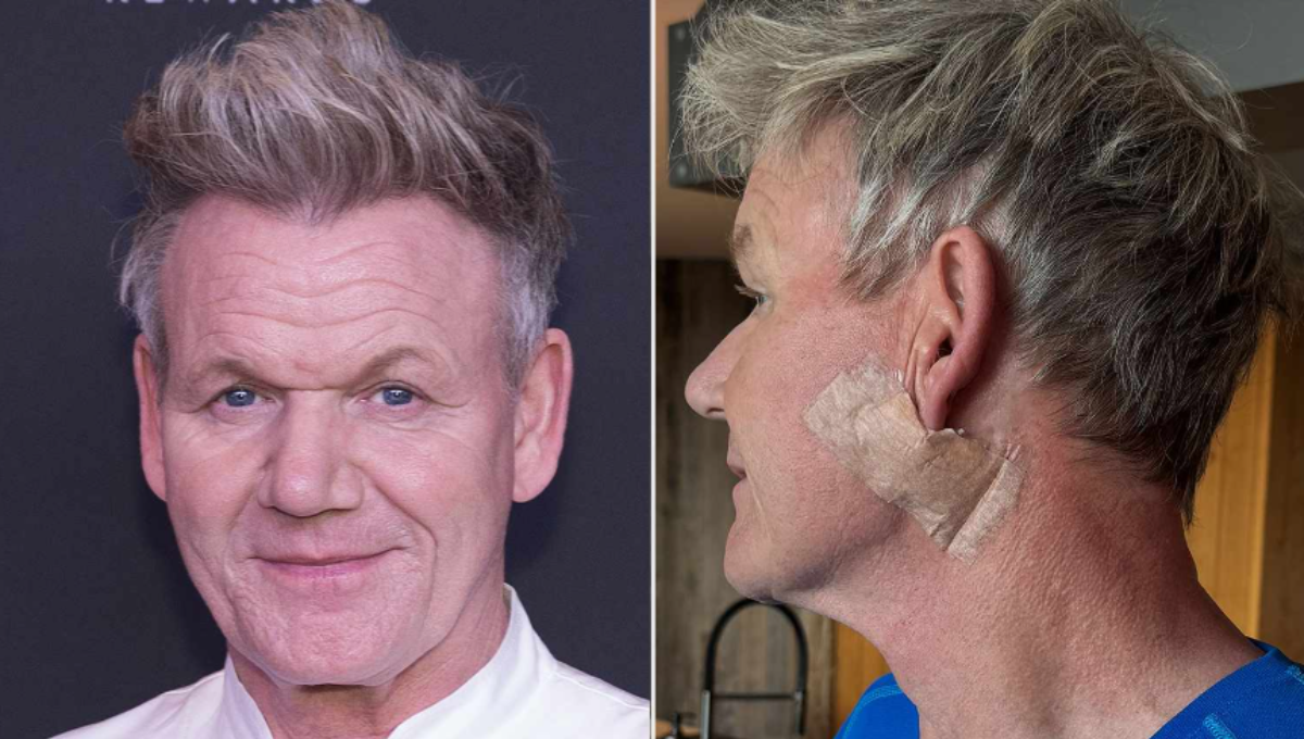 Gordon Ramsay smiling at a TV set kitchen, with soft lighting on his face