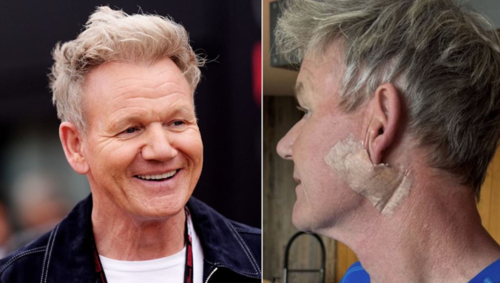 Gordon Ramsay smiling at a TV set kitchen, with soft lighting on his face
