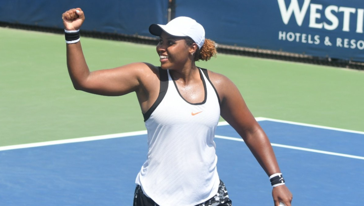 Taylor Townsend celebrating on Court 11 at the US Open after defeating Jelena Ostapenko