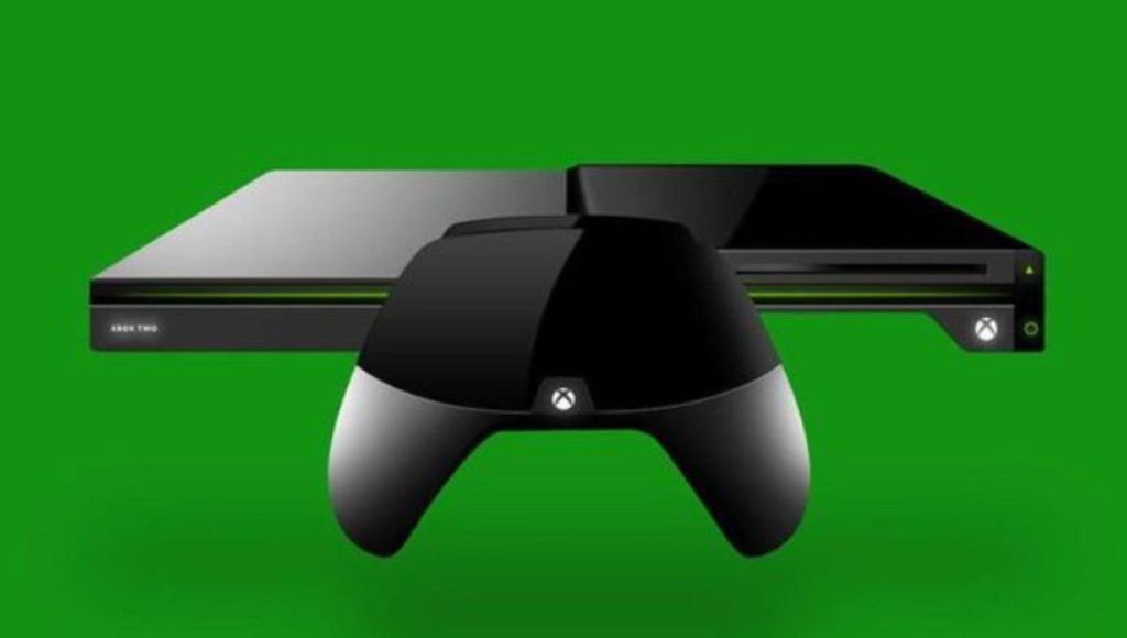 Concept art of a next-gen Xbox console beside a controller on a neon-lit desk