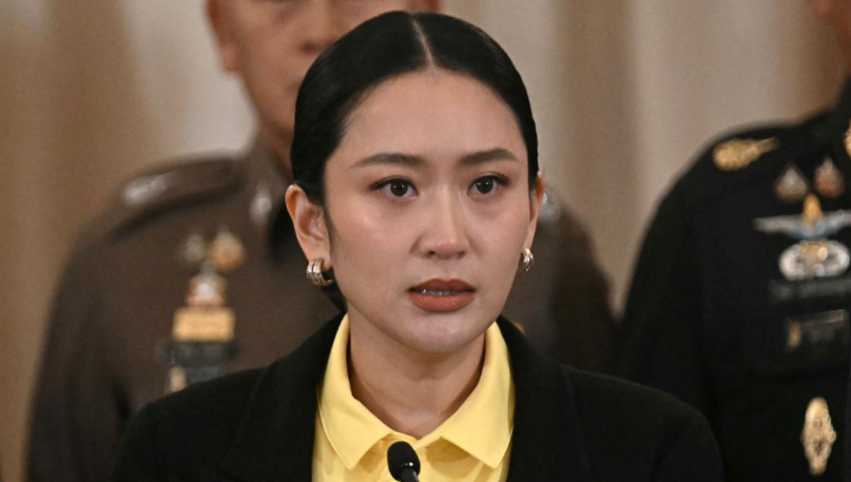 Paetongtarn Shinawatra at a Bangkok press conference following her dismissal by Thailand’s Constitutional Court