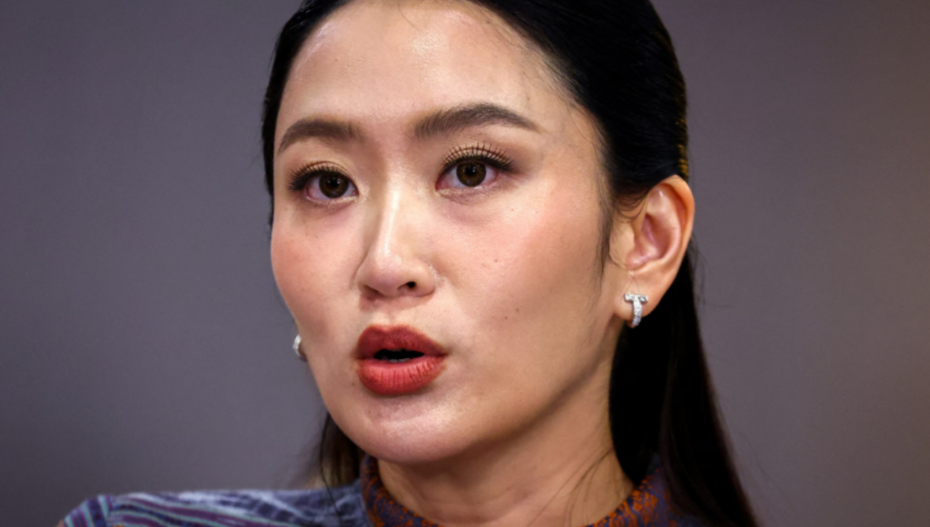 Paetongtarn Shinawatra at a Bangkok press conference following her dismissal by Thailand’s Constitutional Court