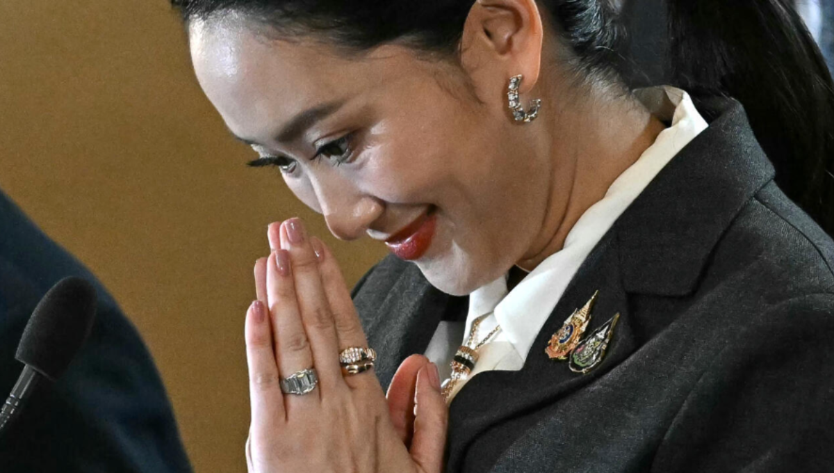 Paetongtarn Shinawatra at a Bangkok press conference following her dismissal by Thailand’s Constitutional Court