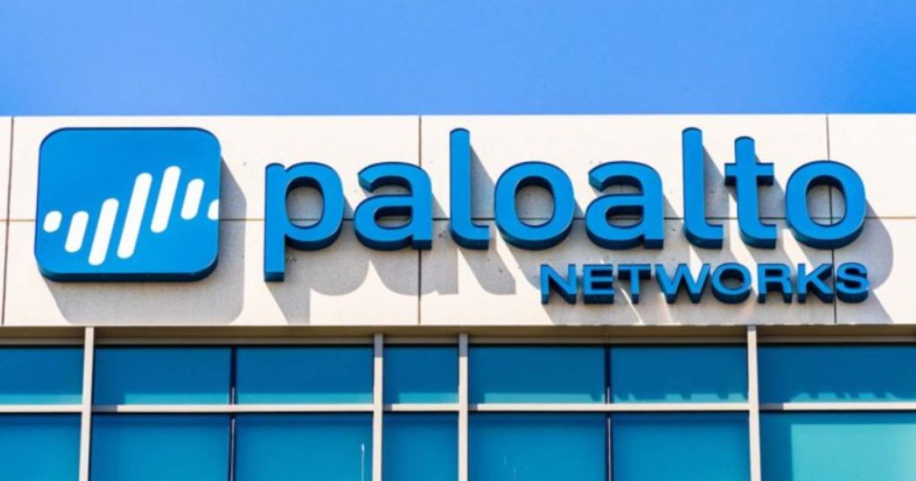 Exterior of Palo Alto Networks HQ with a line chart overlay showing a positive trend