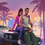 Game controller in hand with a blurred “GTA 6” logo overlay and neon map of Vice City in the background