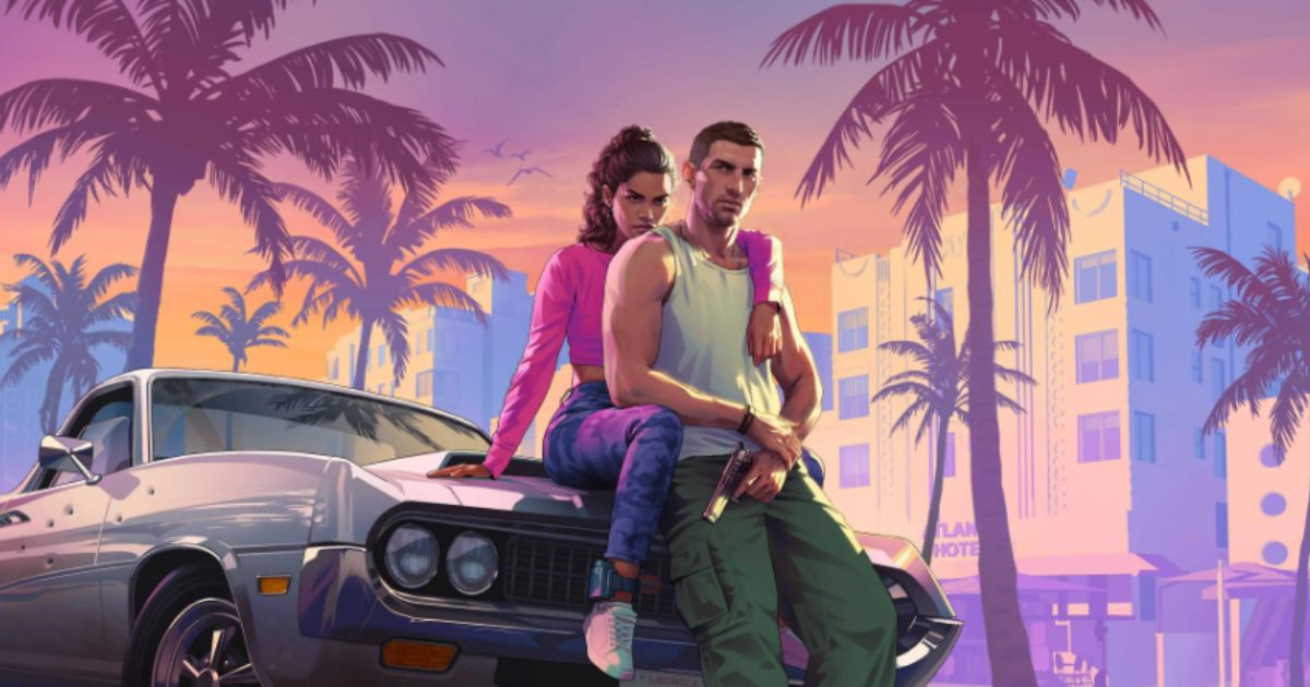 Game controller in hand with a blurred “GTA 6” logo overlay and neon map of Vice City in the background