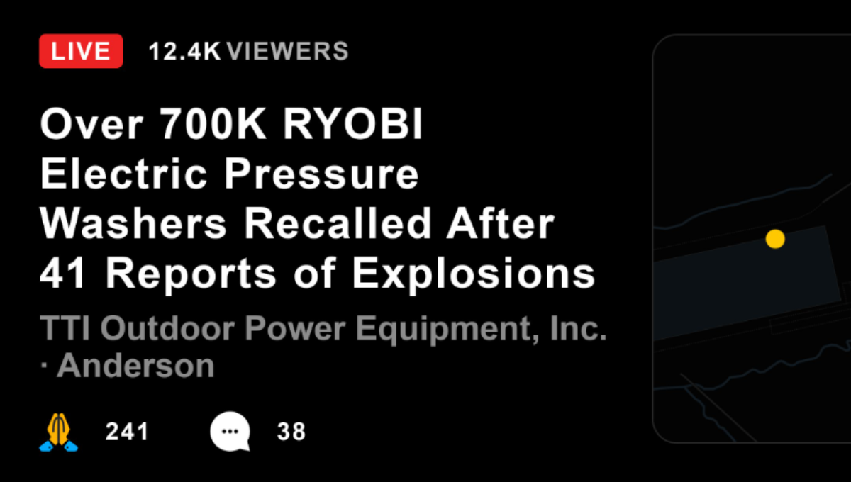 Close-up of a green Ryobi electric pressure washer with caution overlay highlighting recall notice