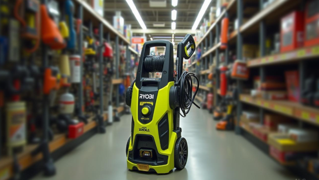 Close-up of a green Ryobi electric pressure washer with caution overlay highlighting recall notice